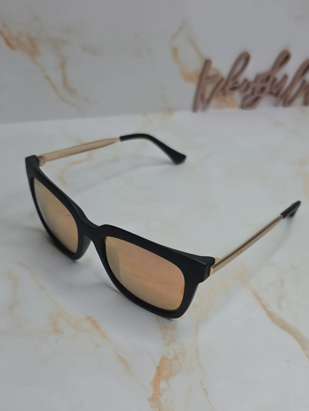 Diff Hailey Mate Black Frame Sunglasses Mirror Pink Gold Lenses